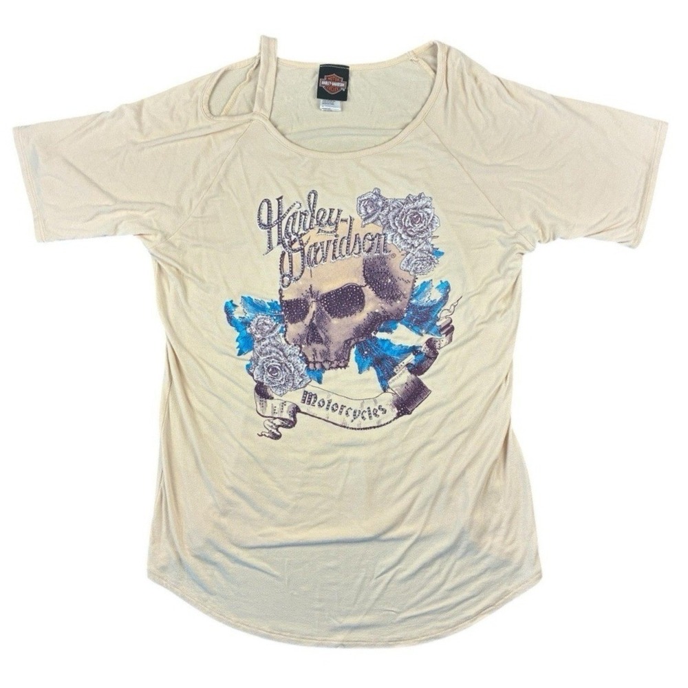Harley Davidson Rhinestone Biker Glam Bling Skull Off The Shoulder Tee Women XL